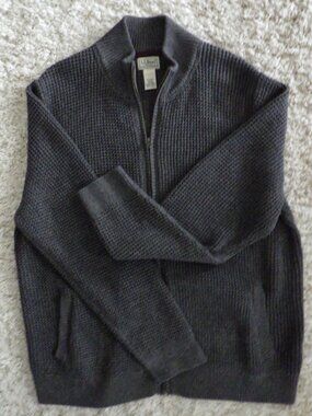 LL Bean Men's Full Zip Sweater 2XL Regular Gray Organic Cotton Ribbed Fishermen
